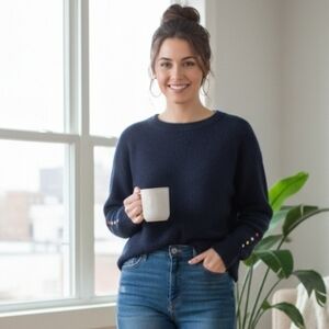 ​Lisa Perry 100% Cashmere Navy Blue Crew Neck Sweater w/ Colorful Dot Cuffs